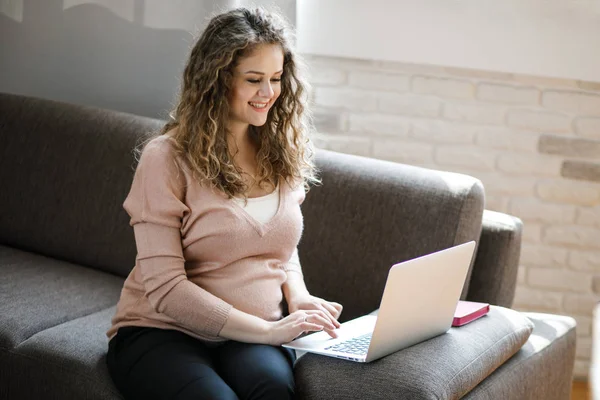 소파에 앉아 노트북 뒤에 작업 하는 아름 다운 임산부. 모든 여성에게 가장 행복한 시간. 스톡 이미지