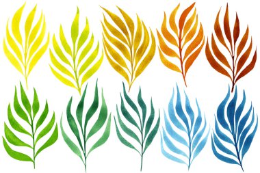 Suluboya el, izole edilmiş beyaz arka planda sarı, yeşil ve mavi renkli yapraklar çizdi. Her biri ayrı ayrı. Yazılı ürünler, baskılar, posterler, hediye paketleri, hatıra defterleri yapmak için mükemmel.