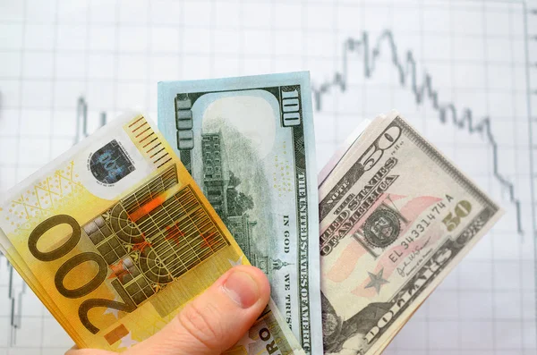 Peníze na pozadí finančních burzovních grafů. — Stock fotografie