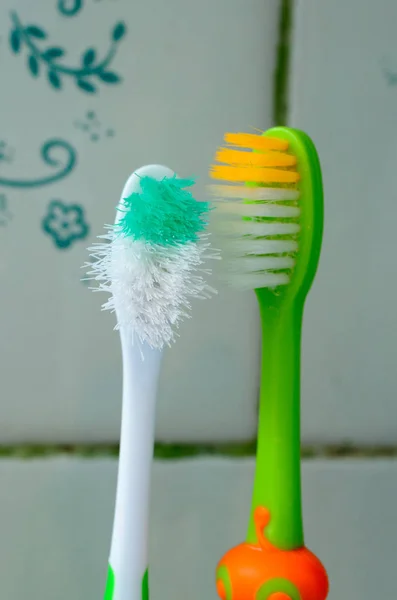 To tannbørster ser på hverandre på badet . – stockfoto