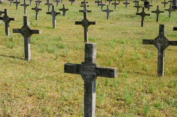 Crosses at the graves of fallen soldiers in the garrison cemetery.
