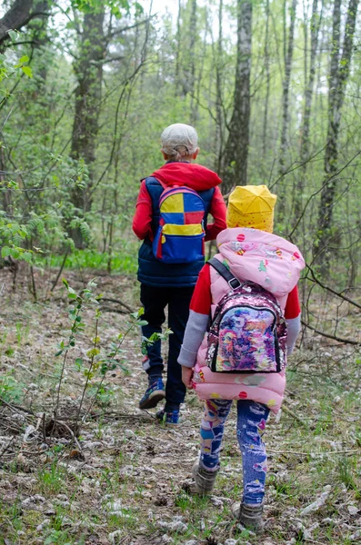 Två mindre barn vandrar ensamma längs skogsstigar. — Stockfoto