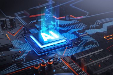 Bilgisayar İşlemcisi Yapay Zeka Tasarım Fotoğrafı, 3D illüstrasyon