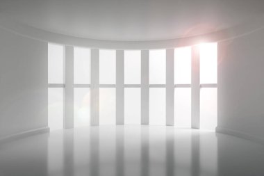 Kapısı ve penceresi olan beyaz oda 3 boyutlu illüstrasyon