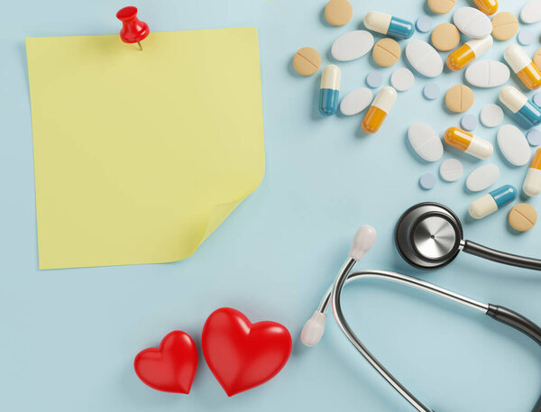 Контейнер, разбросанные таблетки и стетоскоп фото