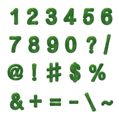 Beyaz arkaplanda yeşil çimenden yapılmış bir sayı ve sembol yazı tipi tasarımı.
