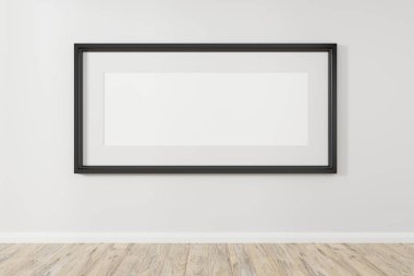 Ufuk hizasında ahşap çerçeve. Ahşap çerçeveli, ahşap duvarlı bir poster. Peyzaj çerçevesi 3d çizimleri.
