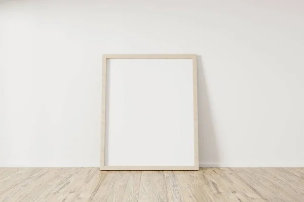 水平方向の木枠をモック 白い壁と木製の床に木製のフレームポスター 風景フレーム3Dイラスト — ストック写真