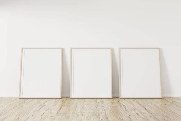 Horizontall wood frame mock up. Wooden frame poster on wooden floor with white wall. Landscape frame 3d illustrations.