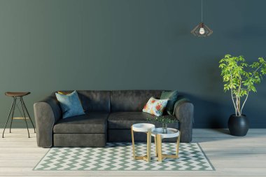 Karanlık duvarları ve siyah deri koltukları olan bir oturma odası.