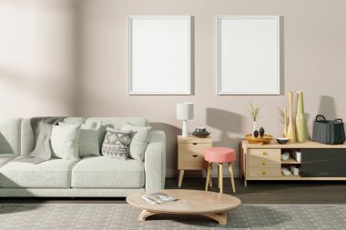 Modern iç plan, oturma odası, İskandinav tarzı, 3D illüstrasyon