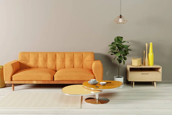 The interior of the living room or reception with a light orange sofa 3d illustration