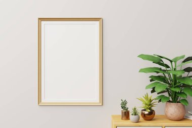 Çerçeve ve poster oturma odasında modellenir. İskandinav iç mimarisi. 3d görüntüleme, 3d illüstrasyon
