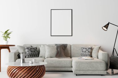 Modern iç plan, oturma odası, İskandinav tarzı, 3D illüstrasyon