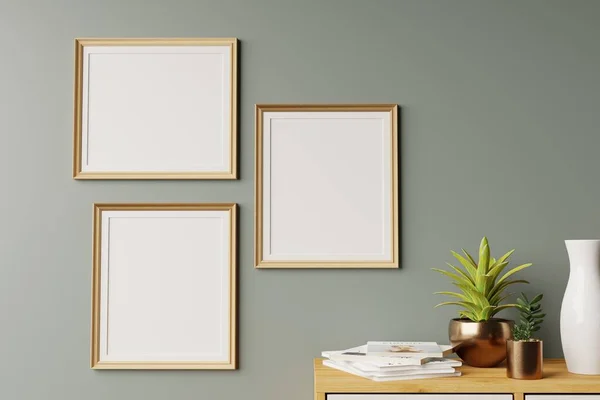 Çerçeve ve poster oturma odasında modellenir. İskandinav iç mimarisi. 3d görüntüleme, 3d illüstrasyon