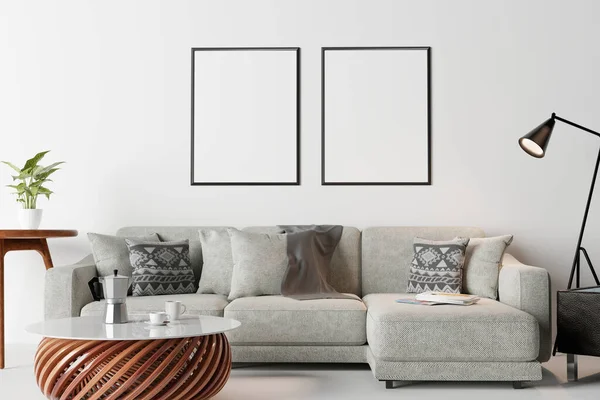 Modern iç plan, oturma odası, İskandinav tarzı, 3D illüstrasyon