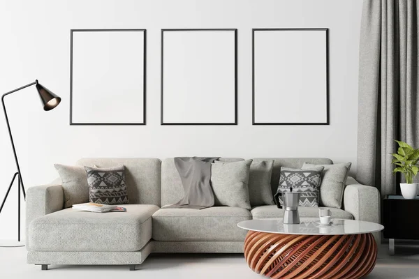 Marco del cartel de la maqueta en el fondo interior moderno, sala de estar, estilo escandinavo, ilustración 3D —  Fotos de Stock