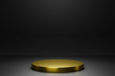 Platformun altın kaidesi ve karanlık oda arka planında lüks kürsü. Boş sergi ya da boş ürün rafı. 3B görüntüleme.
