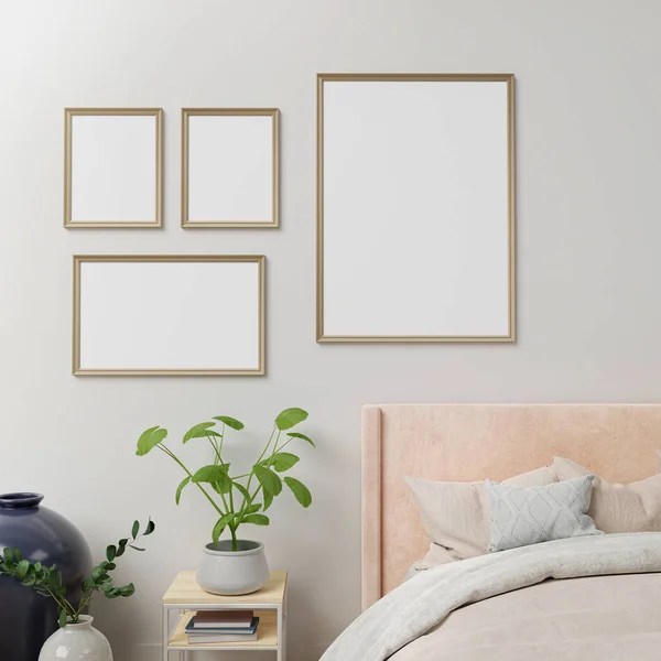 Interior poster mock up with frames on the wall in home bedroom interior. 3D rendering