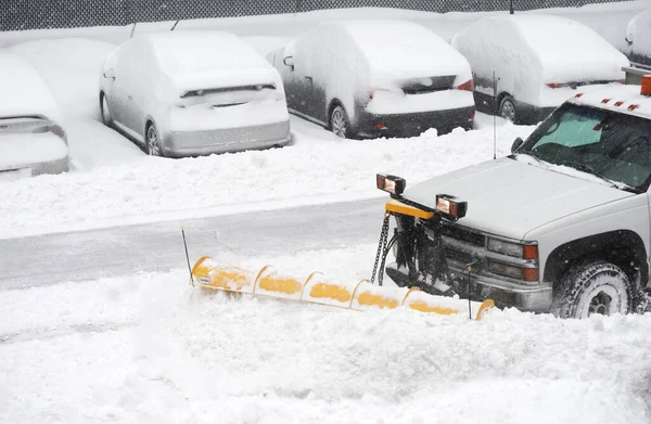 Snowplow Truck Removing Snow Street Blizzard — Stock Photo, Image