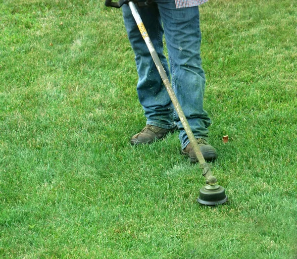 Gardener Working Trim Lawn — Stock Photo, Image