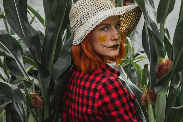 Yüzünde kırmızı gömlek, şapkası ve makyajı olan korkuluk görünümünde bir kız, Cadılar Bayramı fikri...