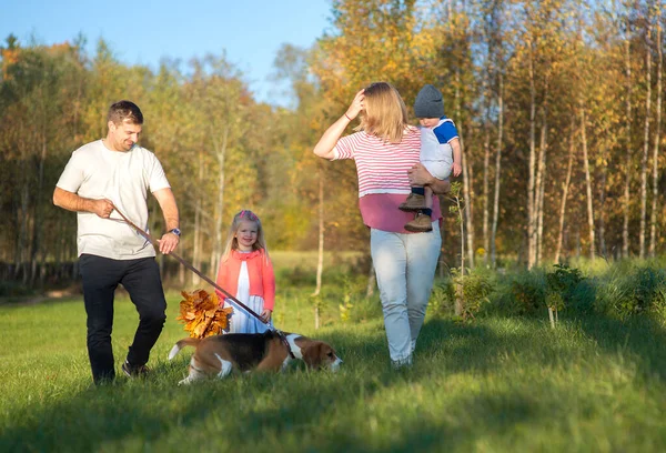 İki çocuklu mutlu bir aile ve doğada bir av köpeği - mutluluk kavramı