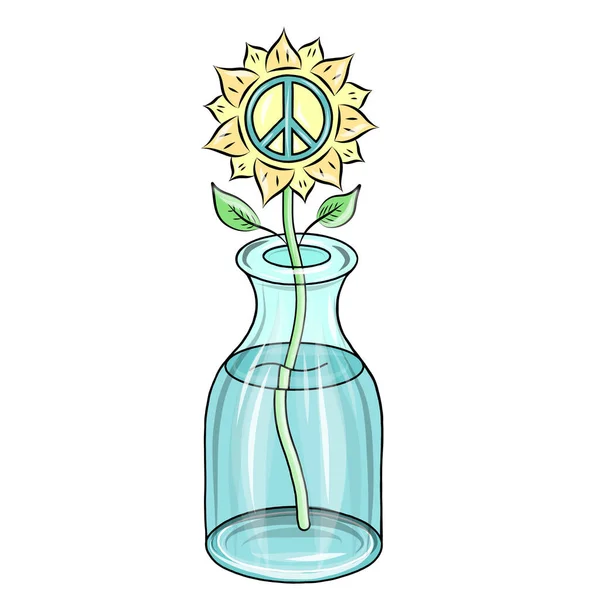 Leuchtend Gelbe Sonnenblume Mit Pazifiksymbol Glasflasche Mit Wasser Illustration Der — Stockfoto