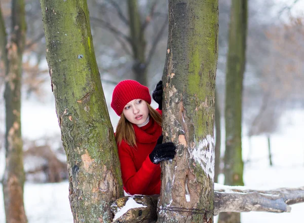 The beautiful blonde girl in red hat in the forest. Girl in winter. White snow. Little Red Riding Hood.