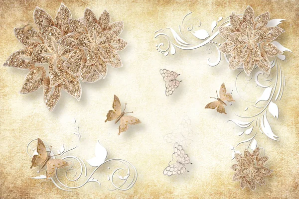 Flower Butterfly Sky Flower Home Brick Wall Background — Stock Photo, Image