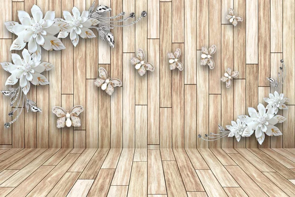 3B çiçek, kelebek gökyüzü ve çiçek tuğla duvar arka plan home