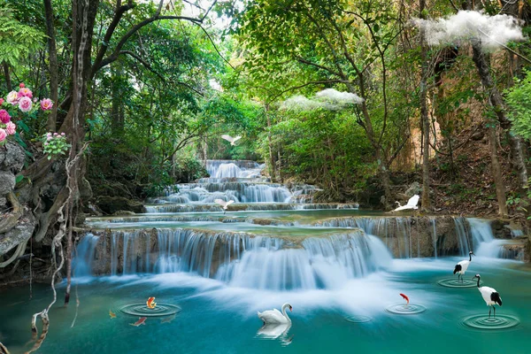 3B çiçek, kelebek gökyüzü ve çiçek tuğla duvar arka plan home