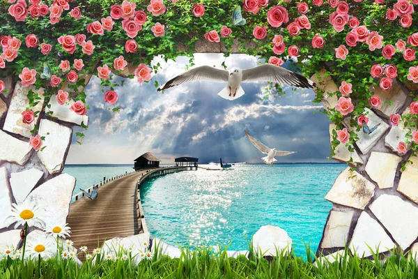 3B çiçek, kelebek gökyüzü ve çiçek tuğla duvar arka plan home