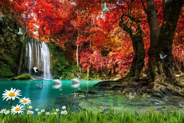 3B çiçek, kelebek gökyüzü ve çiçek tuğla duvar arka plan home