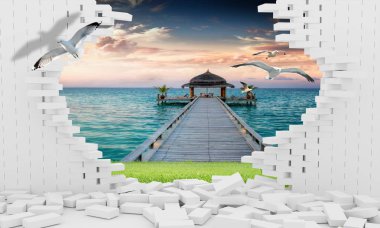 3B çiçek, kelebek gökyüzü ve çiçek tuğla duvar arka plan home