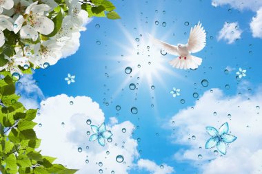 3B çiçek, kelebek gökyüzü ve çiçek tuğla duvar arka plan home