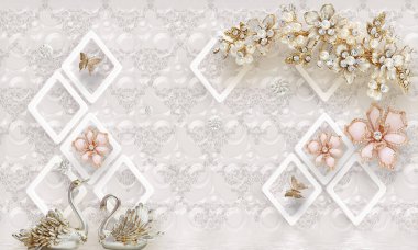 3B çiçek, kelebek gökyüzü ve çiçek tuğla duvar arka plan home