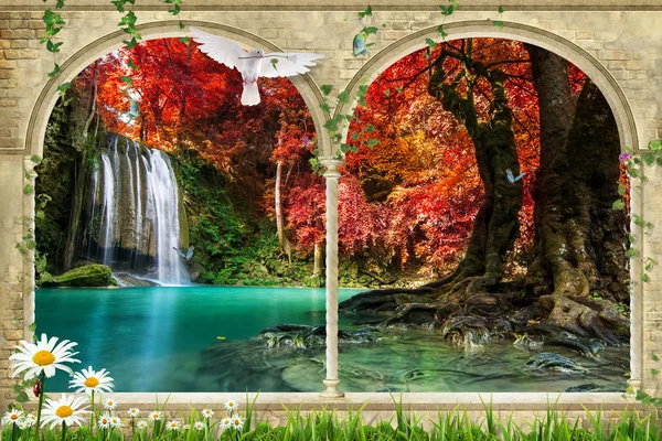 3d flower , butterfly sky and flower home brick wall background