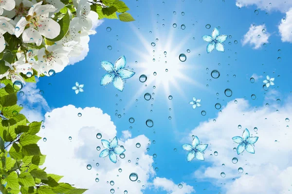 3B çiçek, kelebek gökyüzü ve çiçek tuğla duvar arka plan home