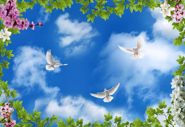 3B çiçek, kelebek gökyüzü ve çiçek tuğla duvar arka plan home