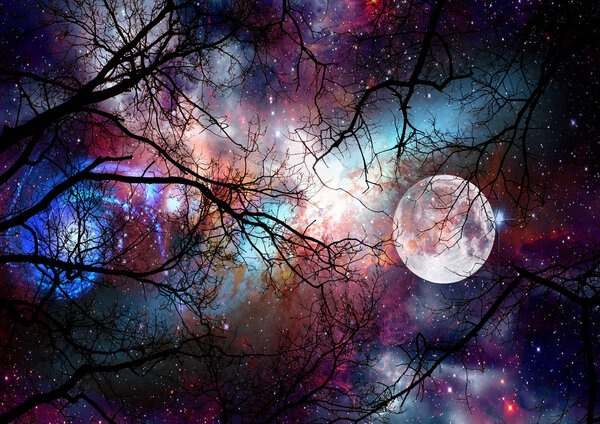 Night sky , nebula , stars , moon