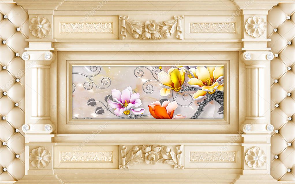 3d flower , butterfly sky and flower home brick wall background