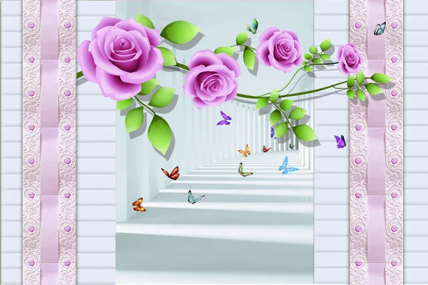 Λουλούδι Πεταλούδα Ουρανό Και Λουλούδι Σπίτι Τούβλο Τοίχο Πλαίσιο — Φωτογραφία Αρχείου