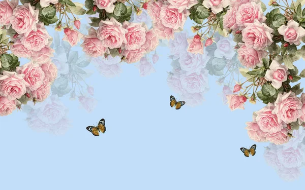 Fleur Ciel Papillon Fleur Maison Mur Briques Fond — Photo