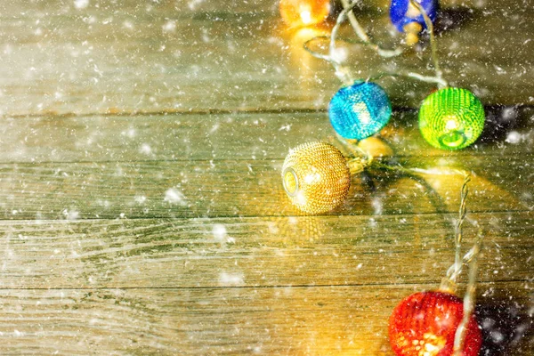 Décoration Noël Avec Neige Tombant Sur Fond Bois Avec Mini — Photo