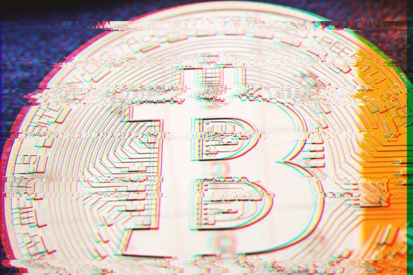 Closeup Golden Bitcoin Coin Digital Pixel Glitch Error Effect Silver — Stock Photo, Image