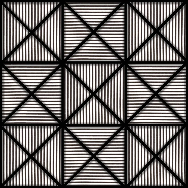 black and white 9 squares with direct lines forming bigger square with 3D look based on fabric design with black lines on white background and triangle borders