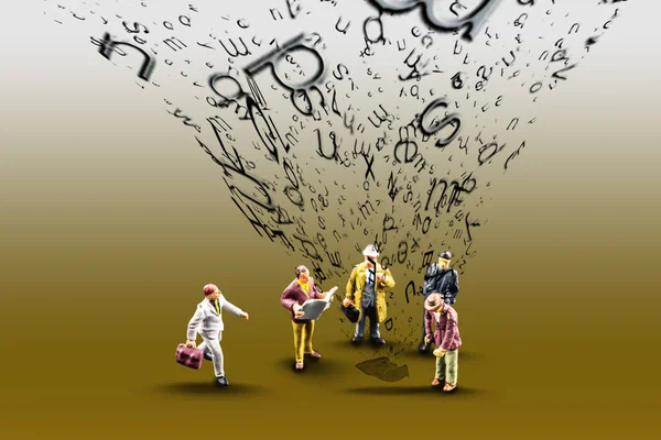 little miniature figurines standing over magazine, newspaper sheet with huge amount of letters flying in cone shape to the sky, flood of information smog theme