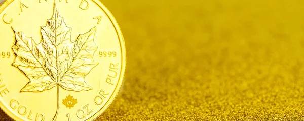 황금 빛과 황금 캐나다 단풍 나무 잎 황금 배경에 1 온스 동전 — 스톡 사진