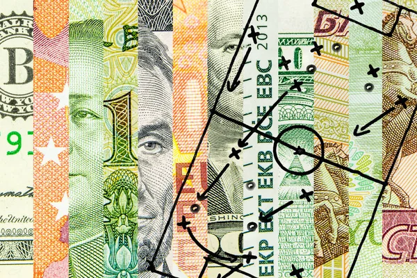 Four main world currencies with soccer field tactics — Stock Photo, Image